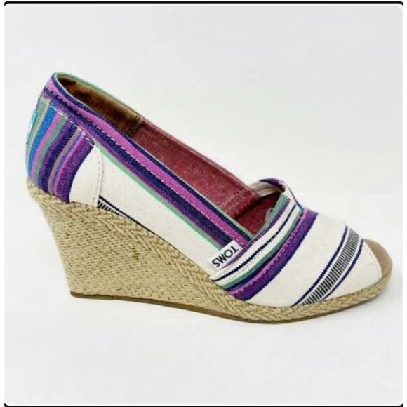 Toms Multicolor Village Stripe Wedge Peep Toe Espadrilles Sandals Size 6.5 - Picture 1 of 11